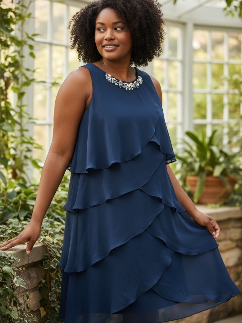 SLNY Navy Jeweled Collar Sleeveless Chiffon Dress